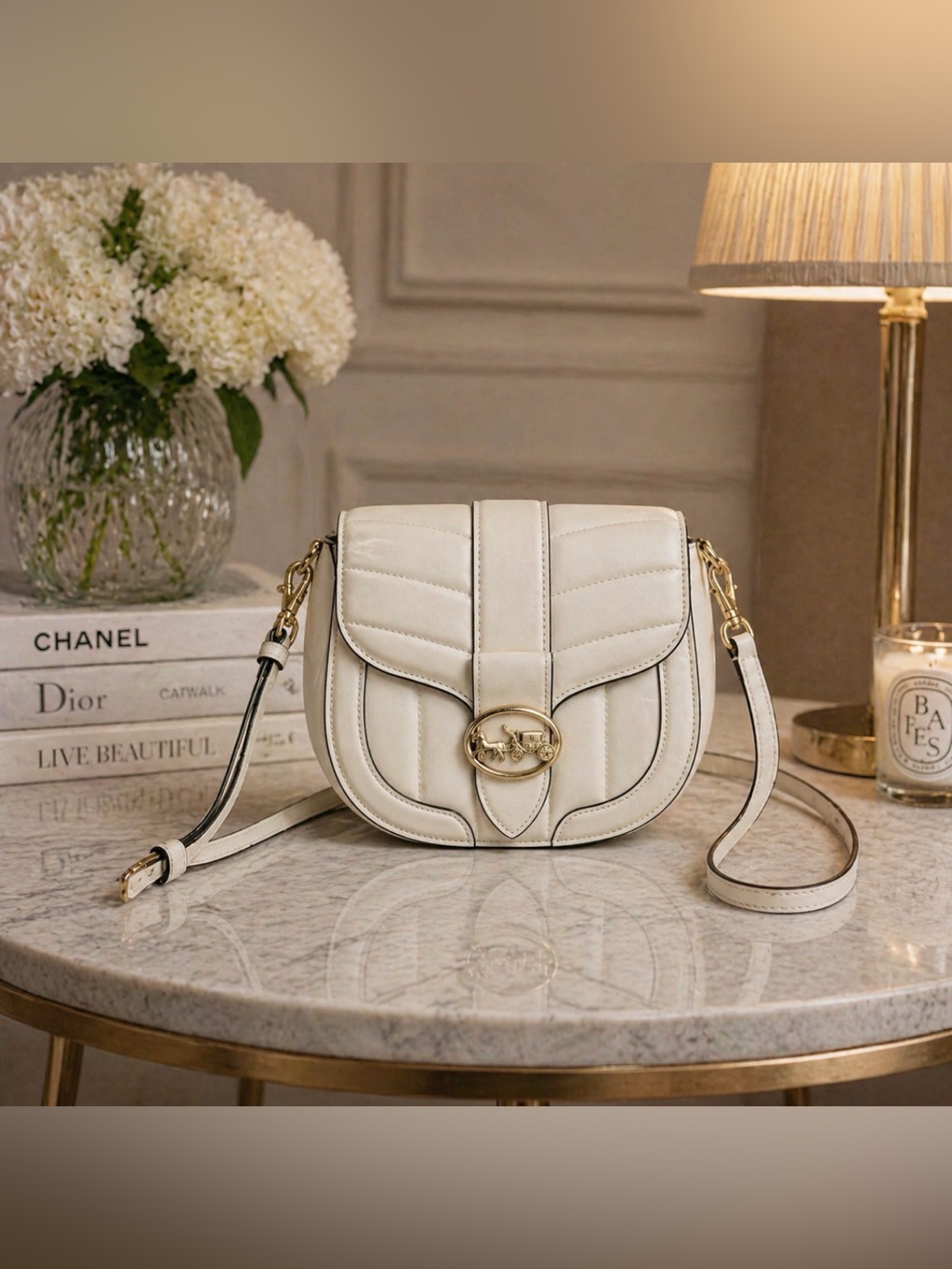 Coach Quilted Saddle Crossbody Bag In Cream With Gold Hardware